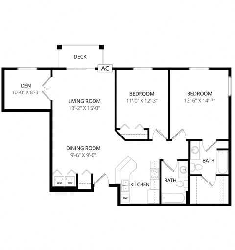 Floor plan for 2 beds, 2 baths, 1149 sqft