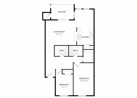 Floor plan for 2 beds, 2 baths, 1000 sqft