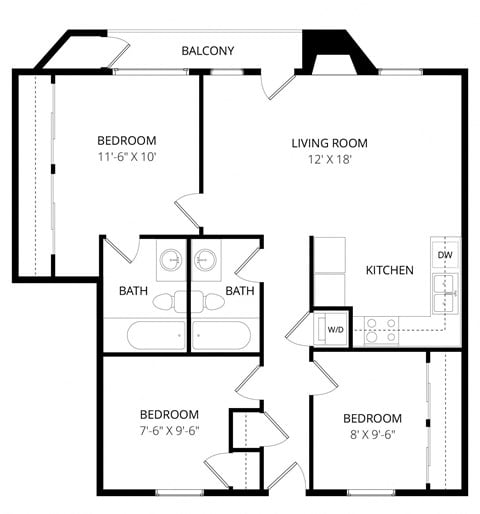 Floor plan for 3 beds, 2 baths, 950 sqft