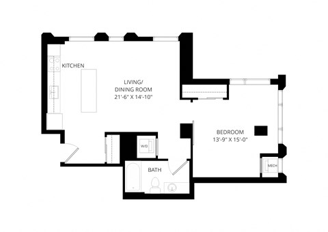 Floor plan for 1 bed, 1 bath, 705 sqft