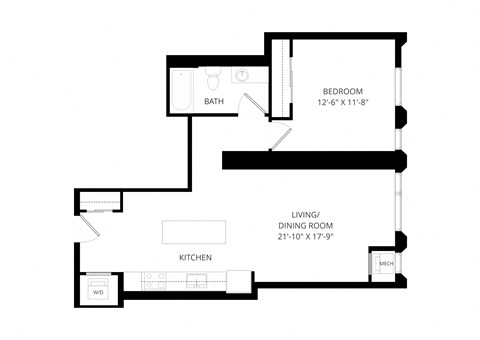 Floor plan for 1 bed, 1 bath, 716 sqft