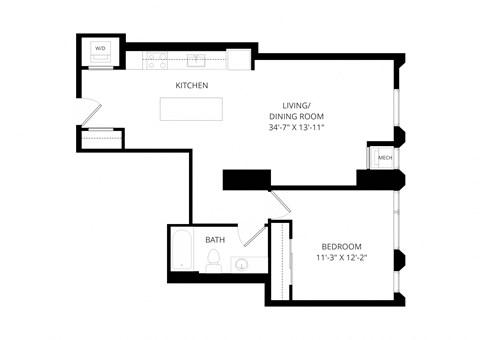 Floor plan for 1 bed, 1 bath, 741 sqft