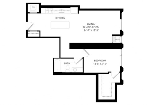 Floor plan for 1 bed, 1 bath, 761 sqft