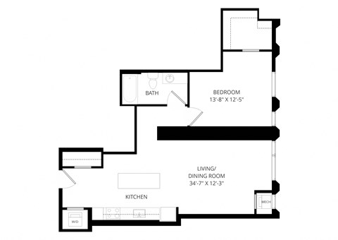Floor plan for 1 bed, 1 bath, 765 sqft