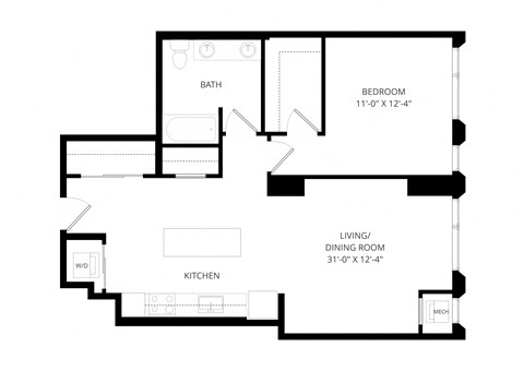 Floor plan for 1 bed, 1 bath, 800 sqft