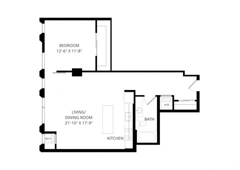 Floor plan for 1 bed, 1 bath, 834 sqft