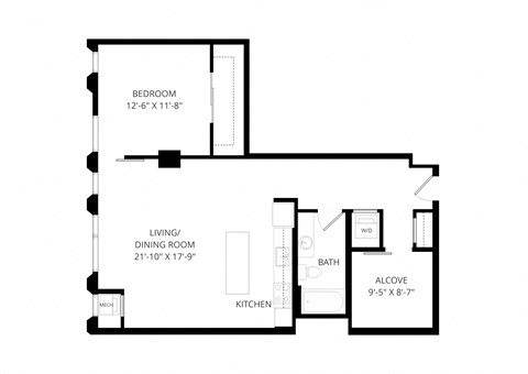 Floor plan for 1 bed, 1 bath, 933 sqft