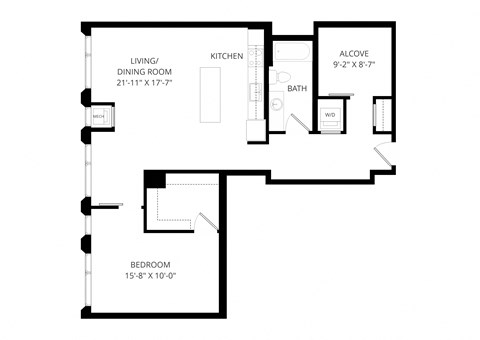 Floor plan for 1 bed, 1 bath, 1000 sqft