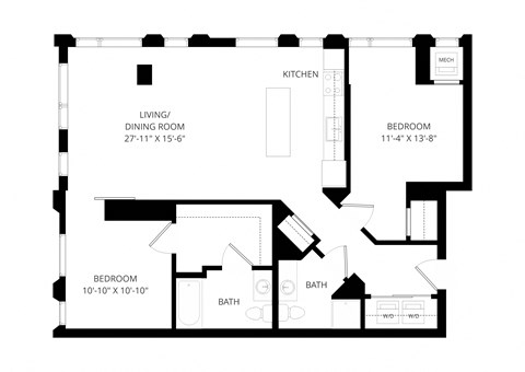 Floor plan for 2 beds, 2 baths, 1105 sqft