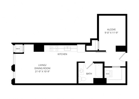 Floor plan for studio, 1 bath, 579 sqft