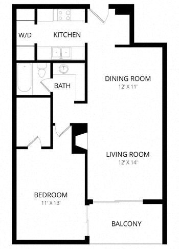 Floor plan for 1 bed, 1 bath, 770 sqft