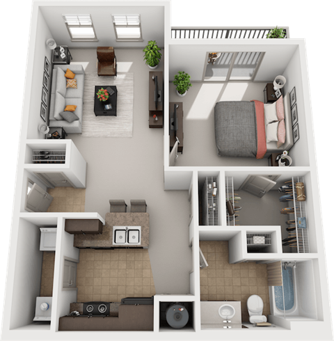 Floor plan for 1 bed, 1 bath, 742 sqft