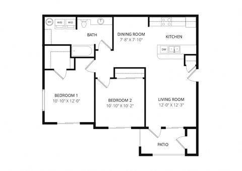 Floor plan for 2 beds, 1 bath, 915 sqft