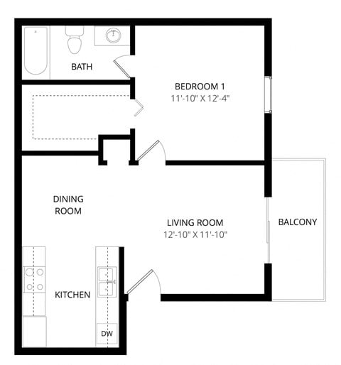 Floor plan for 1 bed, 1 bath, 600 sqft