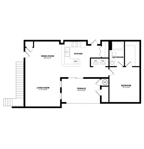 Floor plan for 1 bed, 1 bath, 915 sqft