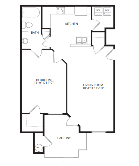 Floor plan for 1 bed, 1 bath, 843 sqft