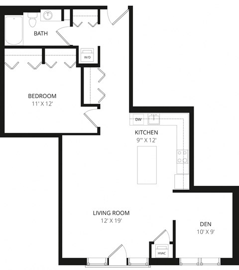 Floor plan for 1 bed, 1 bath, 995 sqft