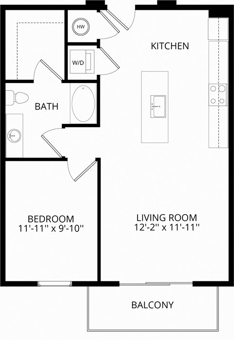 Floor plan for 1 bed, 1 bath, 691 sqft