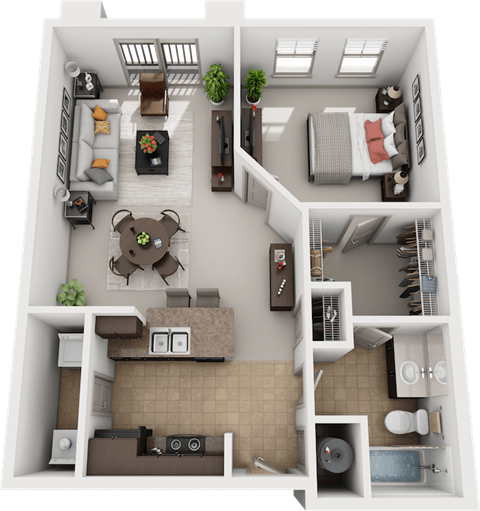 Floor plan for 1 bed, 1 bath, 748 sqft