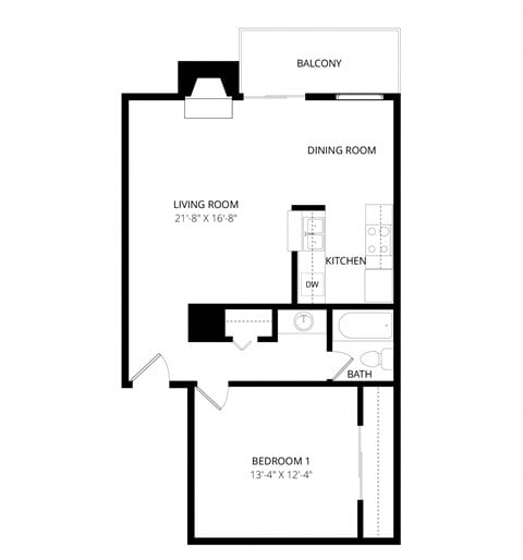Floor plan for 1 bed, 1 bath, 700 sqft