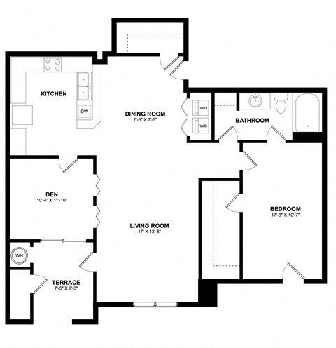 Floor plan for 1 bed, 1 bath, 1180 sqft