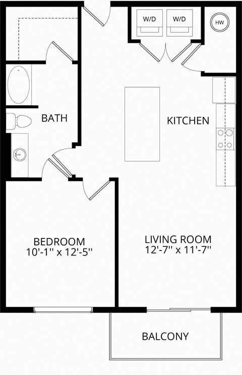 Floor plan for 1 bed, 1 bath, 760 sqft