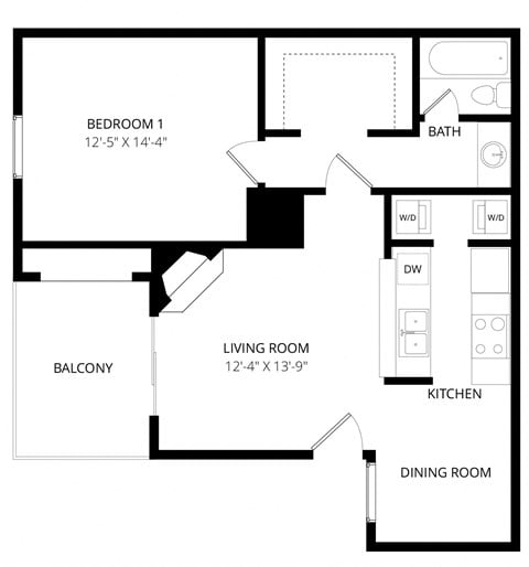 Floor plan for 1 bed, 1 bath, 750 sqft