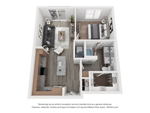 Floor plan for 1 bed, 1 bath, 736 sqft