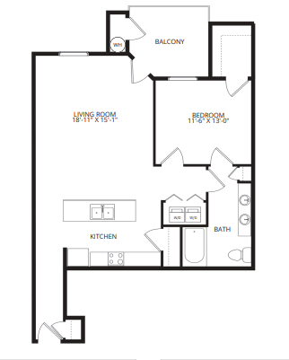 Floor plan for 1 bed, 1 bath, 915 sqft