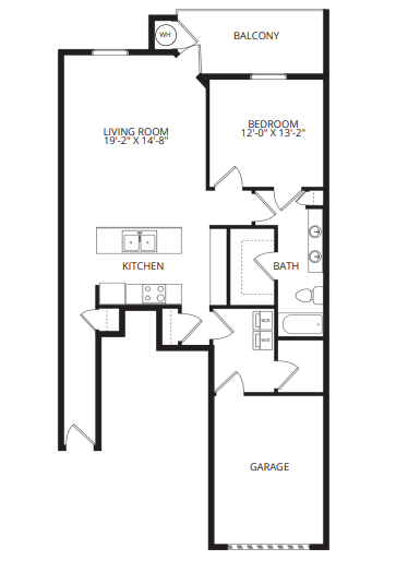 Floor plan for 1 bed, 1 bath, 1072 sqft
