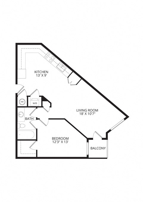 Floor plan for 1 bed, 1 bath, 800 sqft