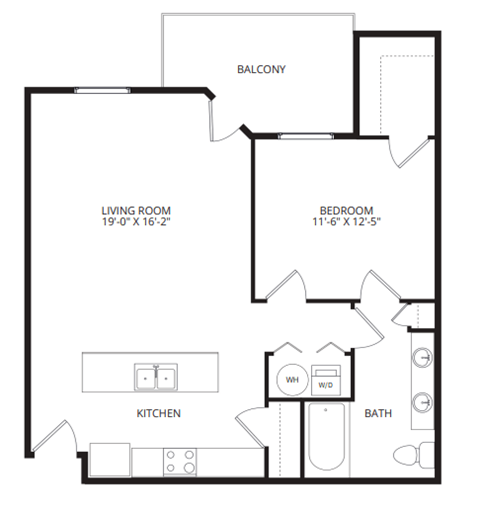 Floor plan for 1 bed, 1 bath, 851 sqft