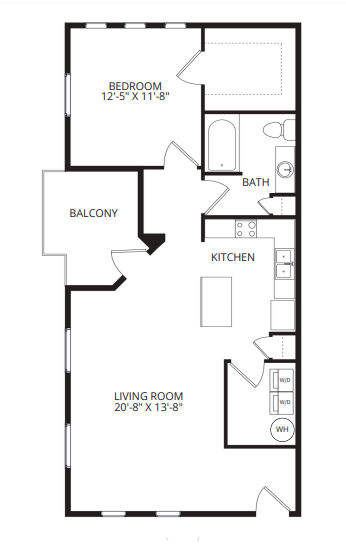 Floor plan for 1 bed, 1 bath, 931 sqft