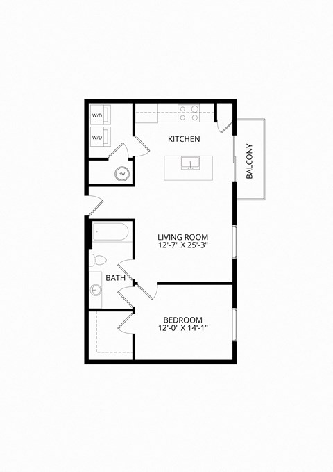 Floor plan for 1 bed, 1 bath, 806 sqft