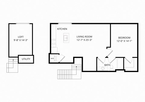 Floor plan for 1 bed, 1 bath, 989 sqft