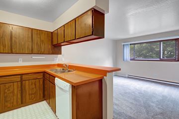 Anchorage apartment for rent - A kitchen with wooden cabinets and a white dishwasher.