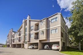 Anchorage apartment for rent - A sunny exterior view of Chugach South showing a three-story tan apartment building with small balconies, carports with parked vehicles, and trees and blue sky in the background.