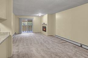Anchorage apartment for rent - An open living room space here at Hillside Chalet with a carpeted floor and a sliding door window with a view of trees. A cozy fireplace sits against the wall next to the sliding doors.