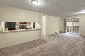 Anchorage apartment for rent - A spacious living room here at Hillside Chalet with a carpeted floor with a half-wall that includes a view into the compact kitchen. This includes a window and sliding door combination to the right-hand side of the image.