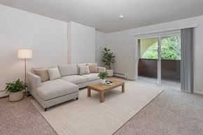 Anchorage apartment for rent - A living room with a grey couch, a small table, and a lamp.