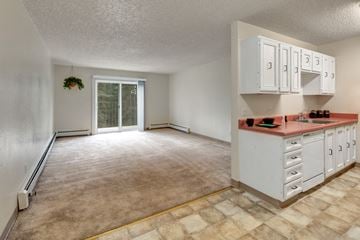 Anchorage apartment for rent - A kitchen with white cabinets and a countertop.