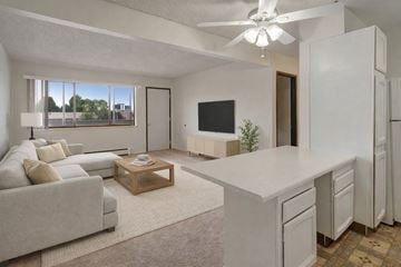 Anchorage apartment for rent - A modern living room with a grey couch and a white kitchen area.