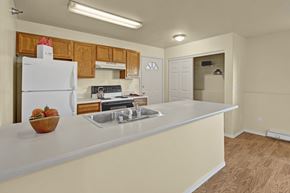 Eagle River apartment for rent - A spacious kitchen here at Timber Ridge with warm wood cabinets, light countertops, and a double stainless steel sink along a wide breakfast bar, featuring white appliances and an open layout with a nearby closet for extra storage.