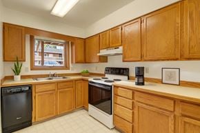 Anchorage apartment for rent - A bright kitchen here at Wildwood Estates with warm wood cabinets, light countertops, a stainless steel sink, and a dishwasher, featuring a spacious layout with a stove and a window for natural light.