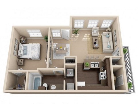 Floor plan for 1 bed, 1 bath, 730 sqft