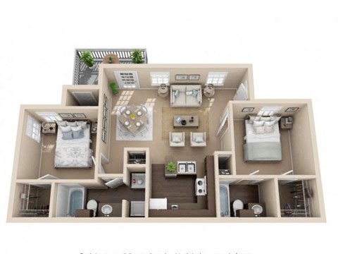 Floor plan for 2 beds, 2 baths, 960 sqft