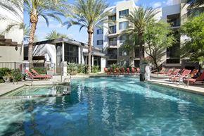 Phoenix apartment for rent - A resort-style swimming pool here at Acclaim featuring clear blue water, surrounding palm trees, red lounge chairs, shaded seating areas, and modern apartment buildings that create a relaxing and inviting outdoor community setting.