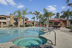 Phoenix apartment for rent - A resort-style outdoor pool here at Arezzo featuring a curved swimming pool with an attached spa, palm trees, red lounge chairs, shaded seating areas, and surrounding apartment buildings that create a relaxing, sunny setting ideal for cooling off, socializing, or enjoying the landscaped community courtyard.
