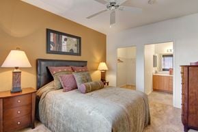 Phoenix apartment for rent - A cozy primary bedroom here at Arezzo featuring soft carpeted flooring, a comfortable bed with layered bedding and accent pillows, warm-toned accent walls, matching nightstands with lamps, a ceiling fan for added comfort, and direct access to a spacious walk-in closet and an adjoining bathroom with a wide vanity.