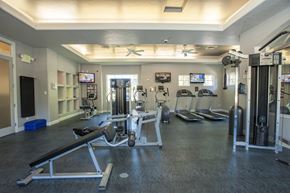 Sacramento apartment for rent - A bright modern fitness center here at Artisan 8282 featuring a spacious workout room with treadmills, elliptical machines, strength-training equipment, wall-mounted televisions, mirrored walls, open shelving, and durable flooring, creating a clean and functional environment designed for convenient daily exercise and wellness routines.